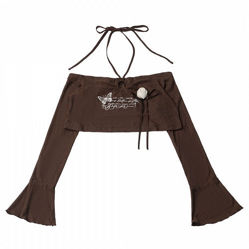 Brown Flare-Sleeve Cropped Top with Butterfly Print & Rose - PINK SAVIOR - image 1