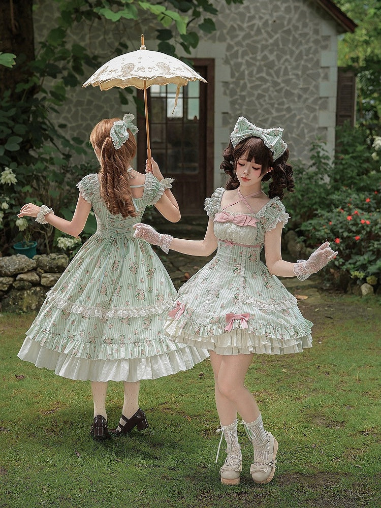 Green Floral Striped Lolita OP Set with Hair Clip and Choker - image 4