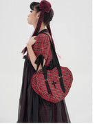 Vintage Lolita Heart Shaped Plaid Dot Print JK Uniform Bag - image 21
