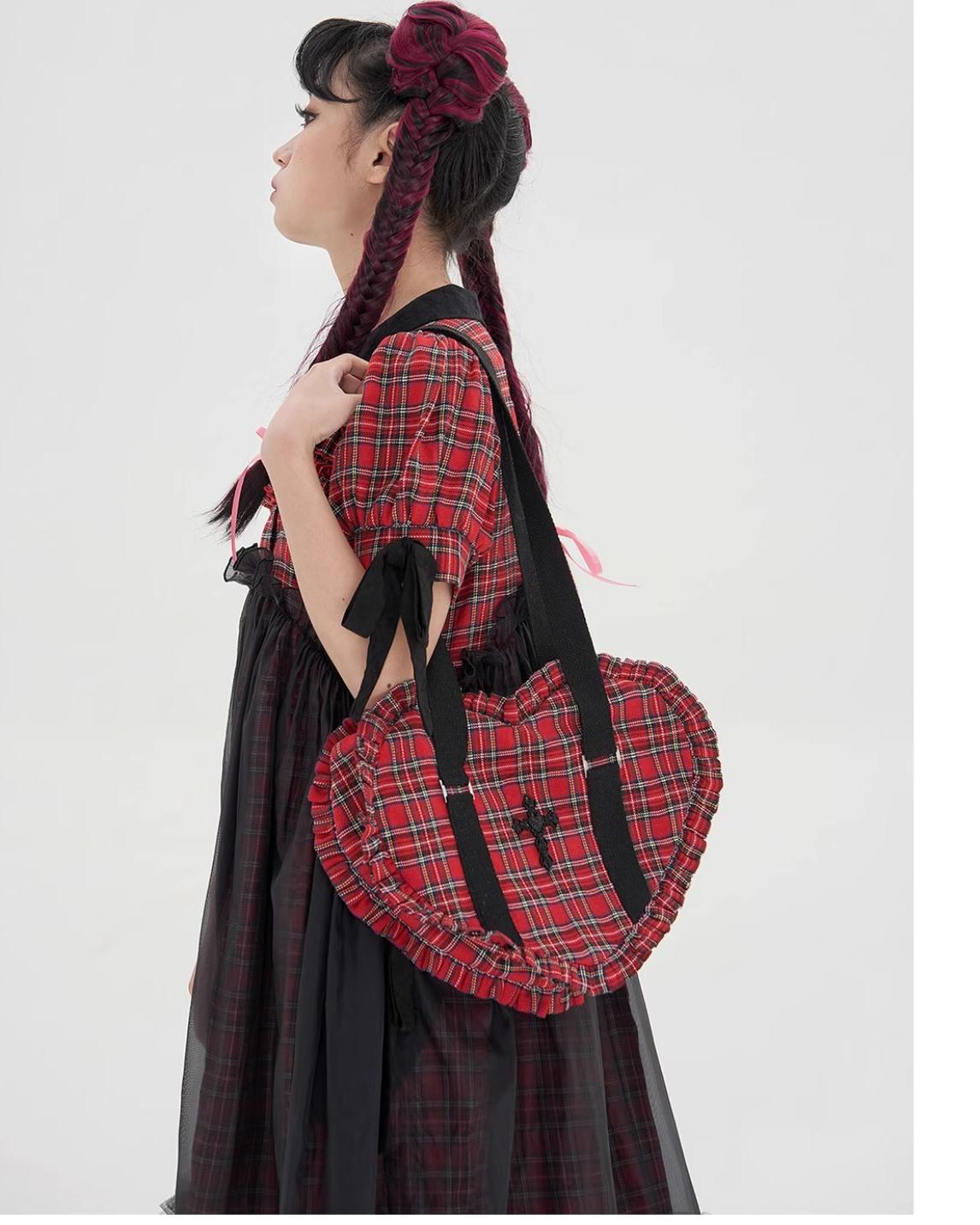 Vintage Lolita Heart Shaped Plaid Dot Print JK Uniform Bag - image 21