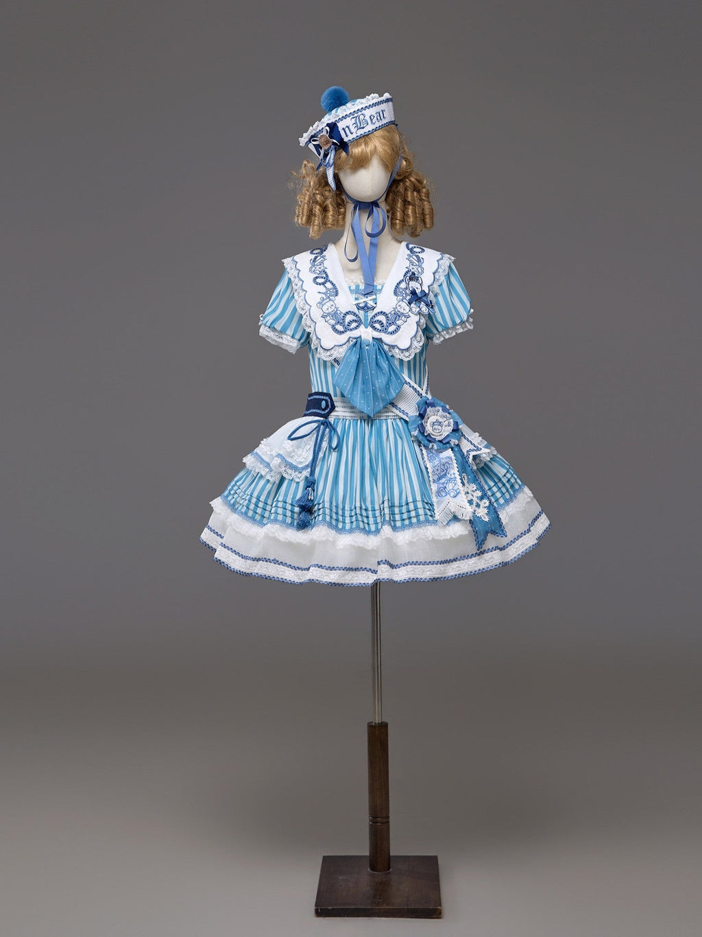 Antique Sailor Bear Blue Stripe Low Waist Lolita OP Dress - image 26