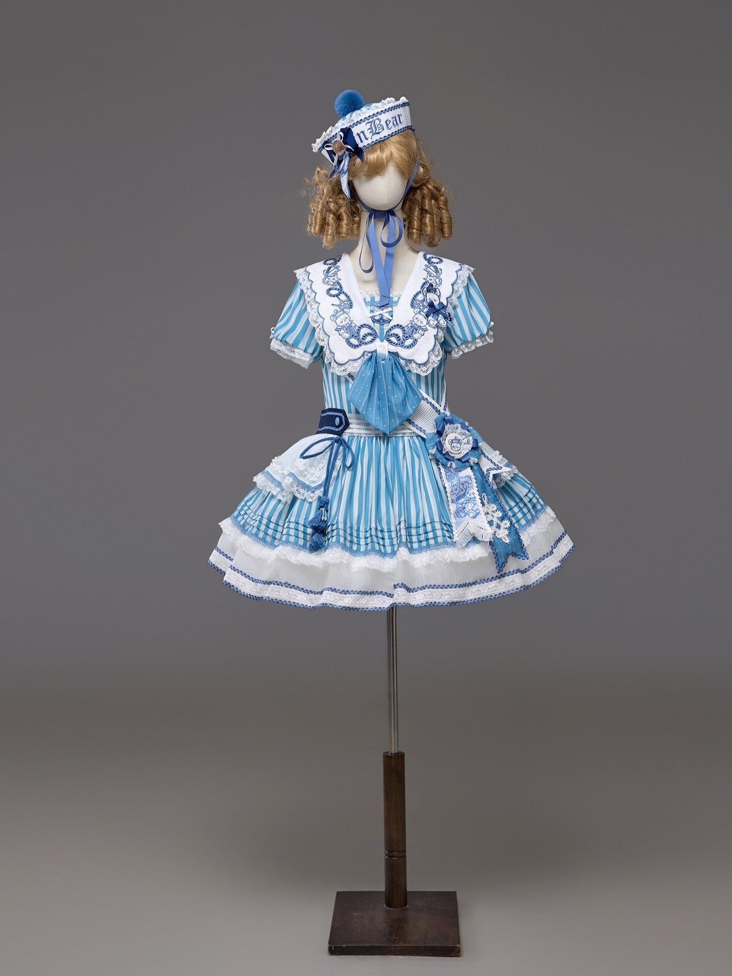 Antique Sailor Bear Blue Stripe Low Waist Lolita OP Dress - image 26