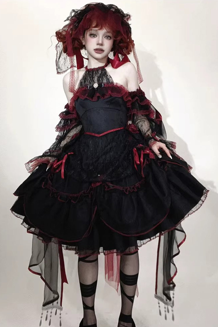 Layered Poem - Halterneck Sleeveless Multi-Layered Jacquard Bride Bow Lace Gothic Lolita Dress - image 1
