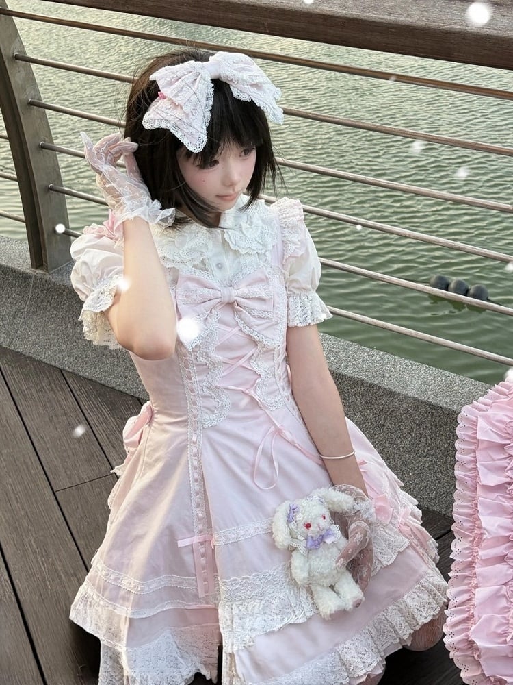Snowy Pink Cotton JSK Dress with Ruffle Edging - image 4
