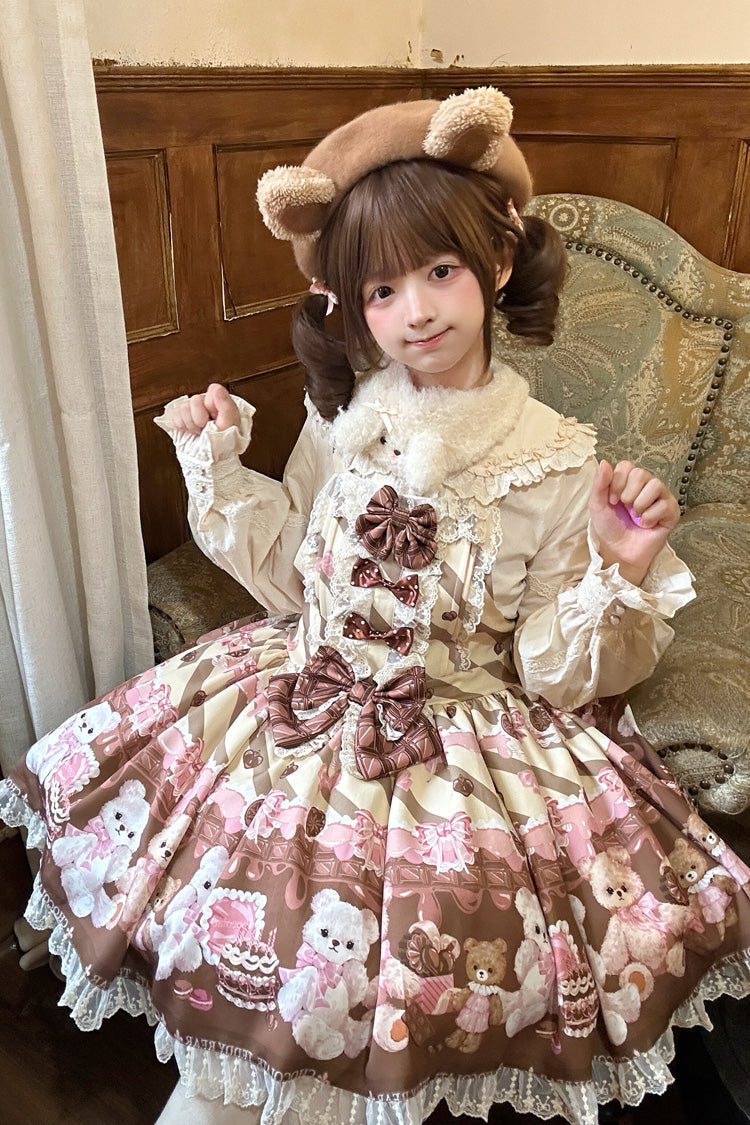 Chocolate Brownie - Sleeveless Printed Ruffled Bow Lace Sweet Lolita Strap Dress 2 Colors - image 10