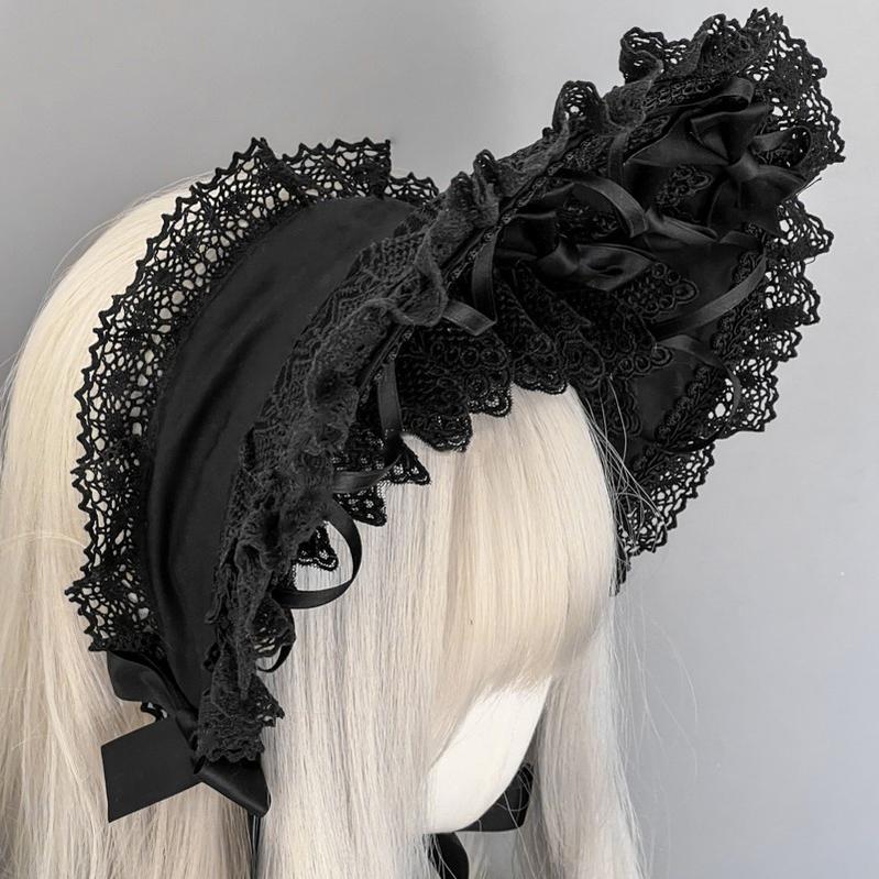 Gothic Lolita Lace Bonnet Wide Brim Bow BNT Headwear - image 3