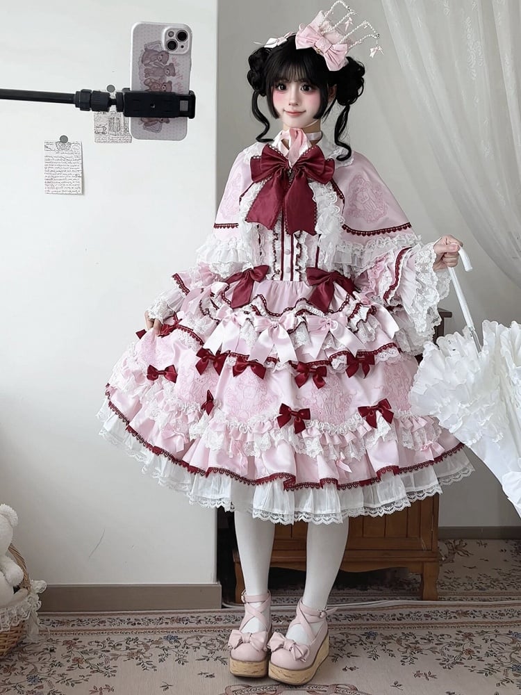 Teddy and Strawberry Embroidery Pink Sweet Lolita OP Dress Full Set - image 6