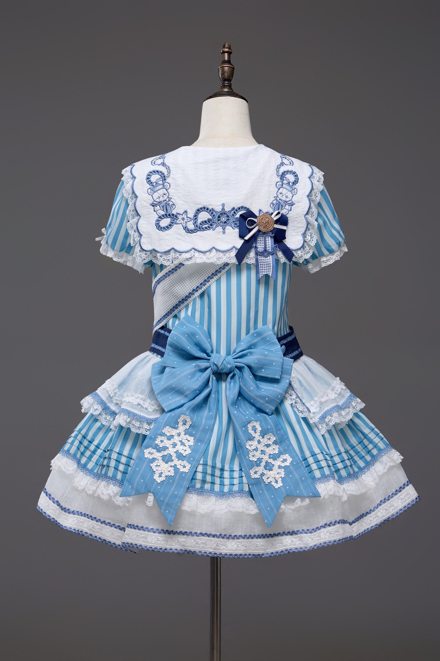 Antique Sailor Bear Blue Stripe Low Waist Lolita OP Dress - image 19
