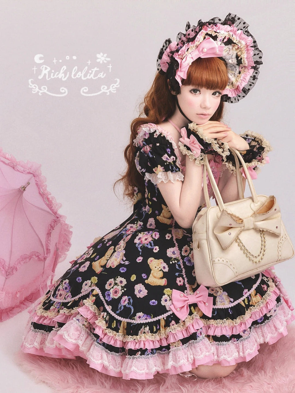 Be My Sweetheart Bear Bunny Floral Print Fitted Sweet Lolita OP Dress - image 3