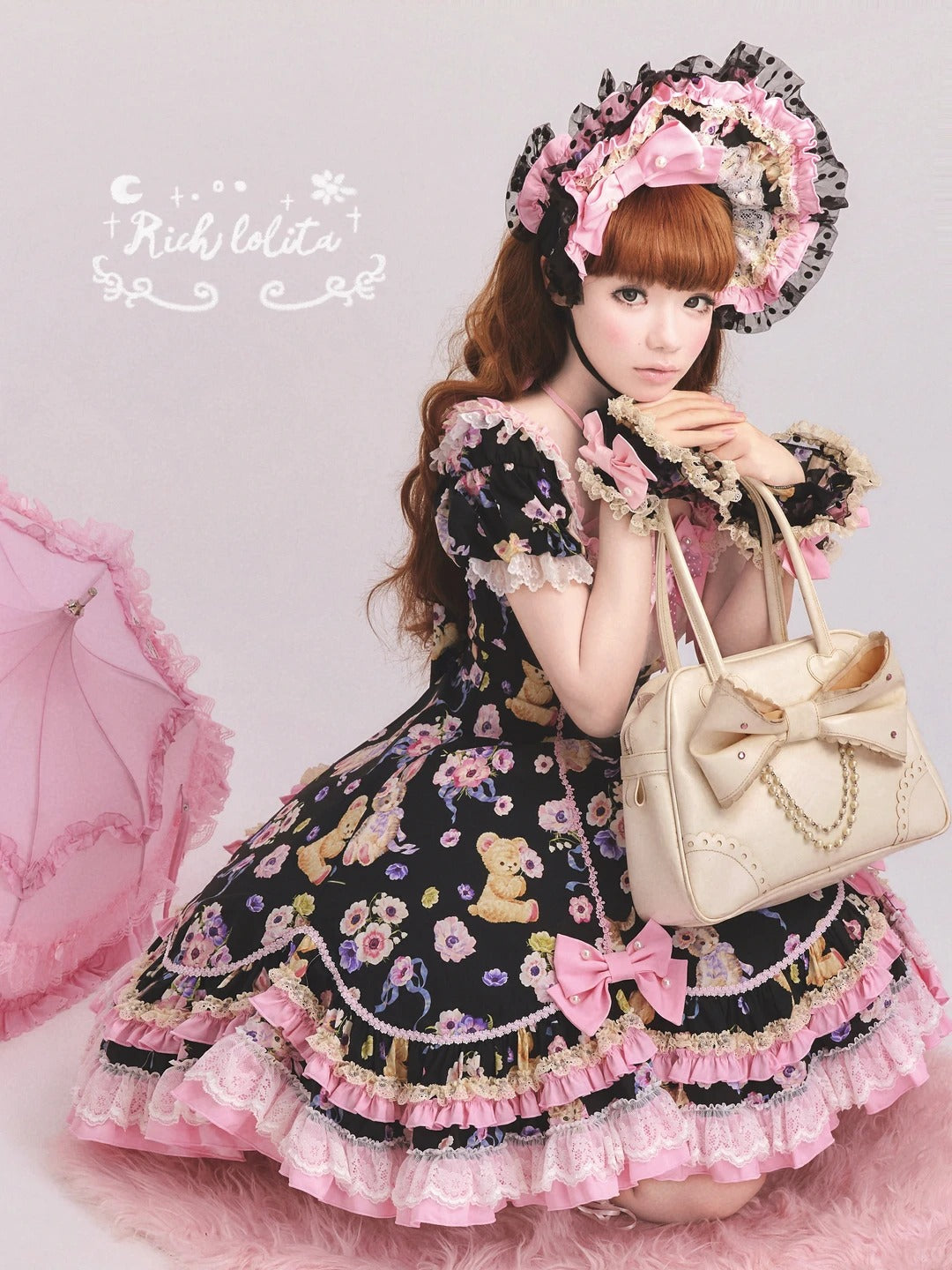 Be My Sweetheart Bear Bunny Floral Print Fitted Sweet Lolita OP Dress - image 3