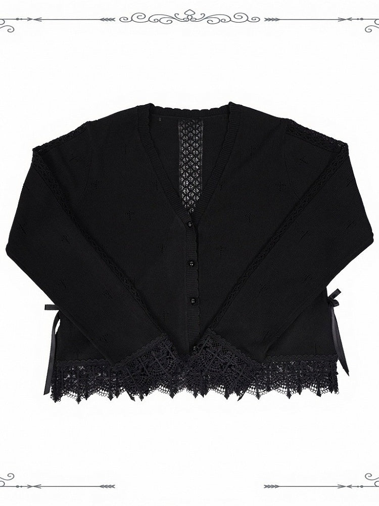 Scalloped Eyelet Trim Cardigan in Black and Purple - iris de nuit - image 1