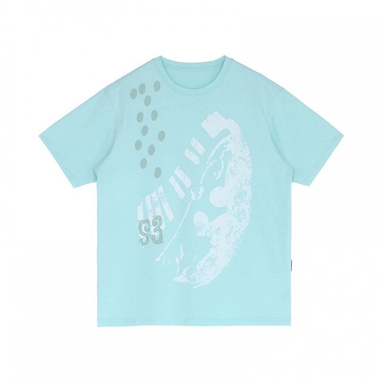 Mint Green Crew Neck Tee with Distressed Print - innomoood - image 2
