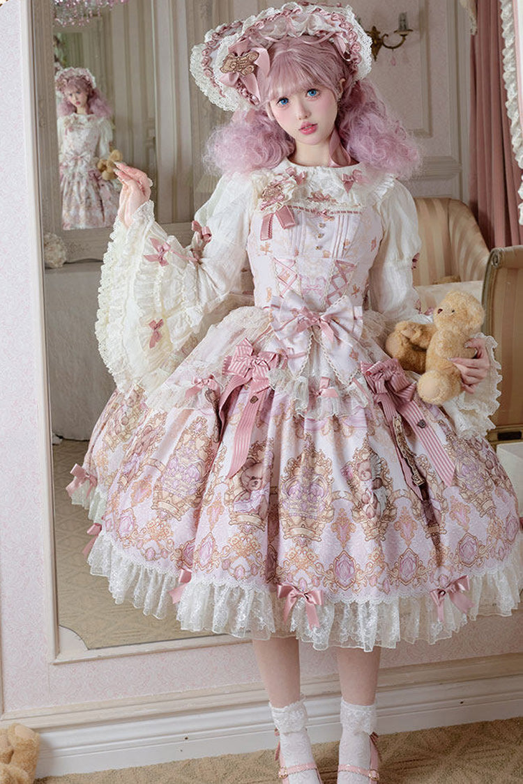 Antique Teddy Bear - Sleeveless Printed Bow Lace Sweet Elegant Lolita JSK Dress - image 2
