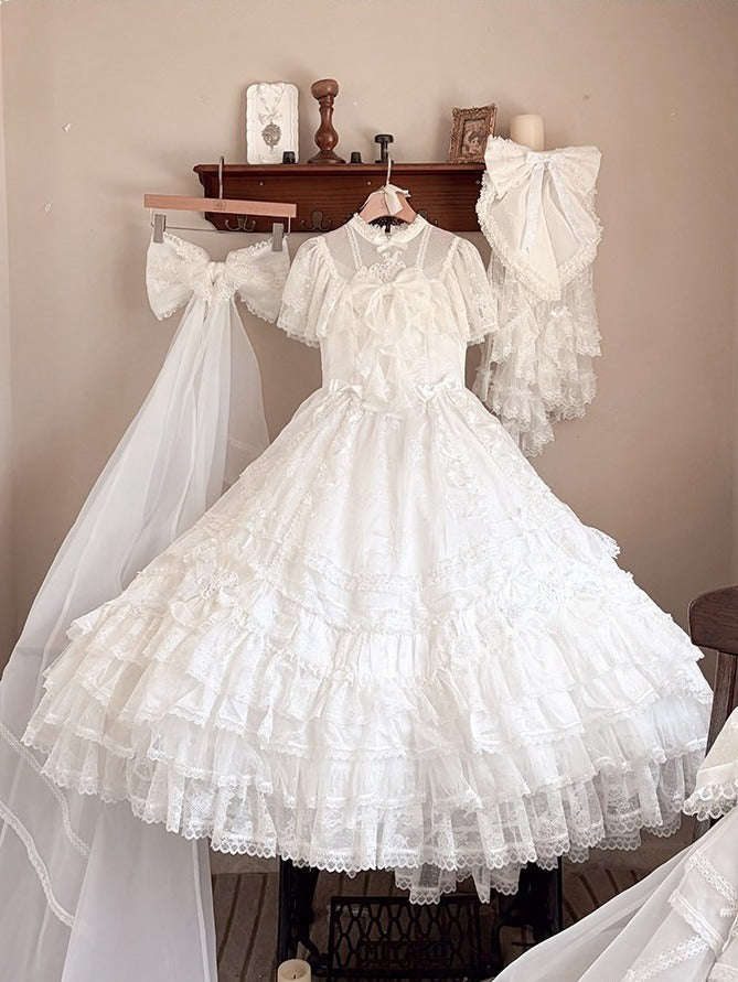 Ivory Floral Embroidered Lolita Gown with Lace Trim and Bow Train - Mademoiselle Pearl - image 11