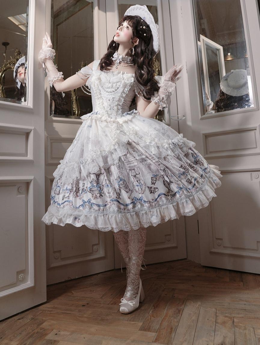 Finnish Antique Cabinet - Sweet Lolita Antique Cabinet Printed OP & JSK Dress with Bows - image 17