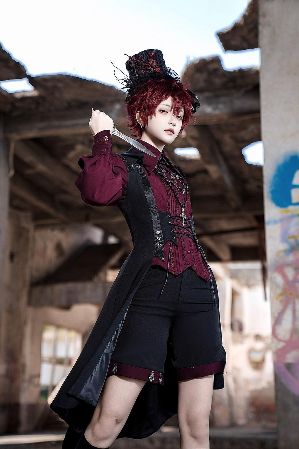 Red and Black 4.0 - Ouji Lolita Long Vest & Red Blouse - image 6
