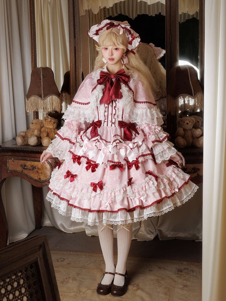 Teddy and Strawberry Embroidery Pink Sweet Lolita OP Dress Full Set - image 1
