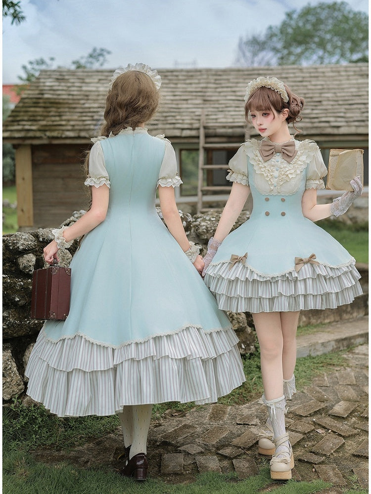 Beige and Blue Puff-Sleeve Lolita OP with Scalloped Hem and Butterfly Bows - image 7