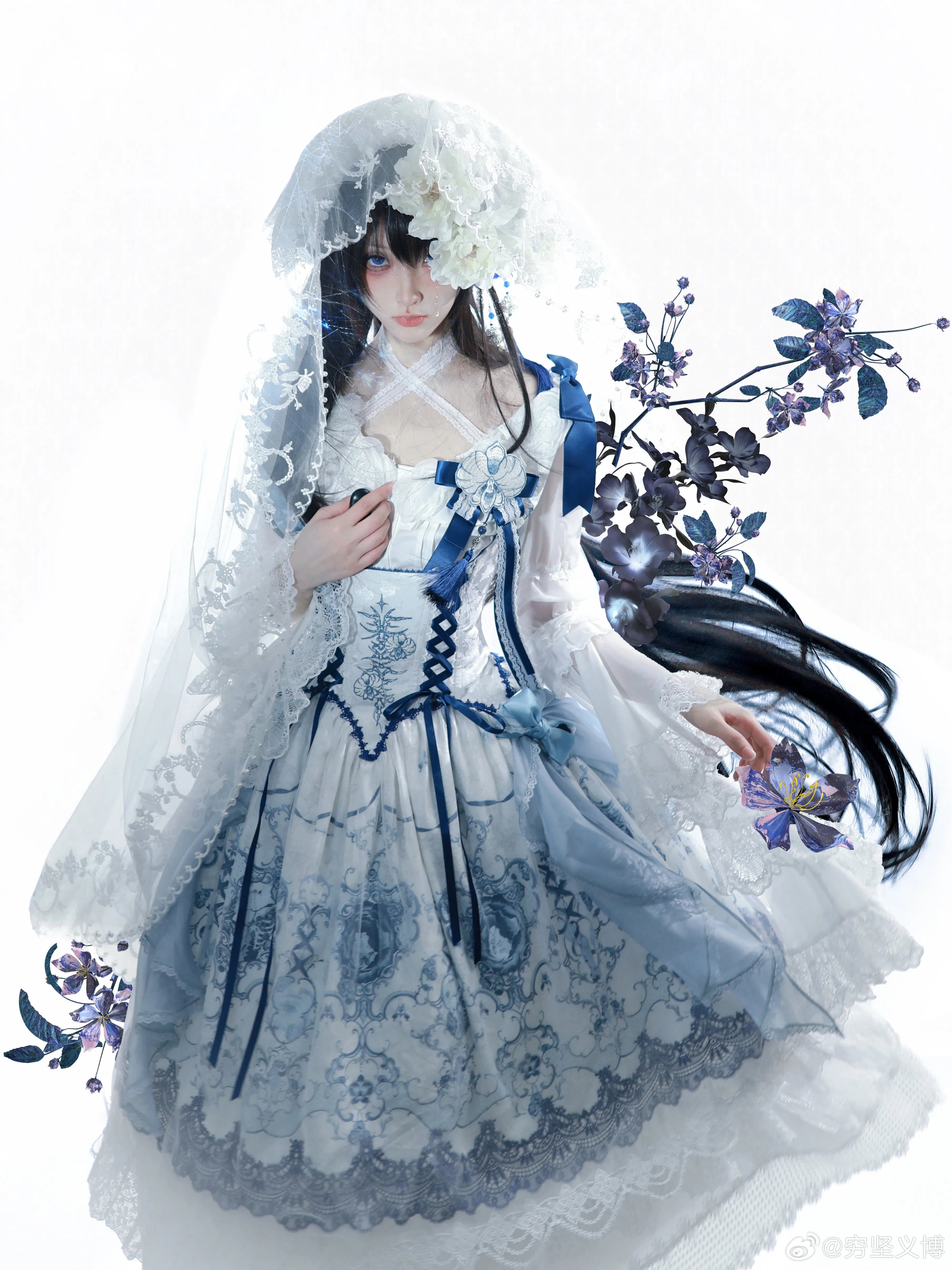 Ling Long Ci Blue Porcelain Butterfly Orchid Print Gothic Lolita Bustier JSK - image 2