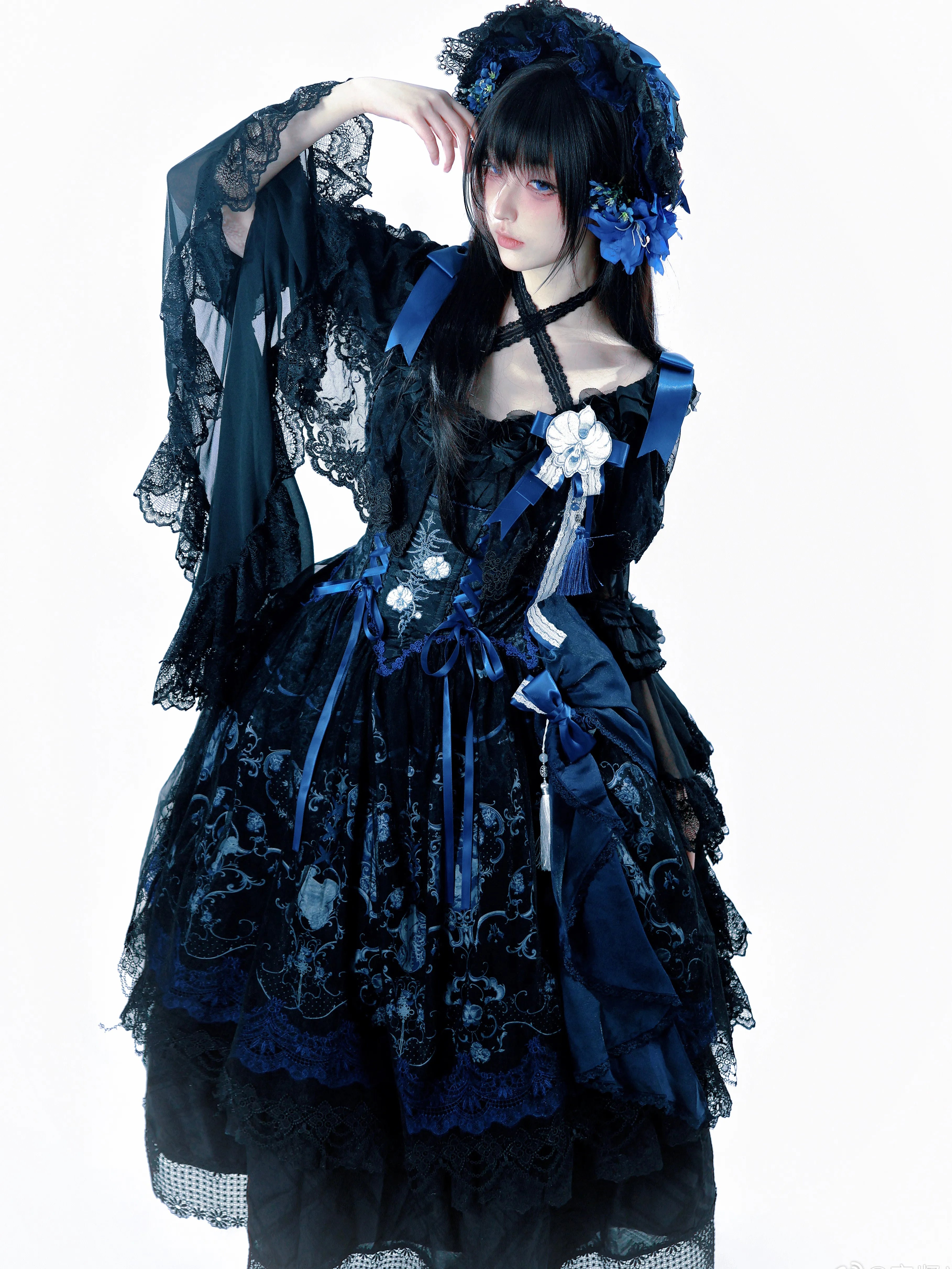Ling Long Ci Blue Porcelain Butterfly Orchid Print Gothic Lolita Bustier JSK - image 15