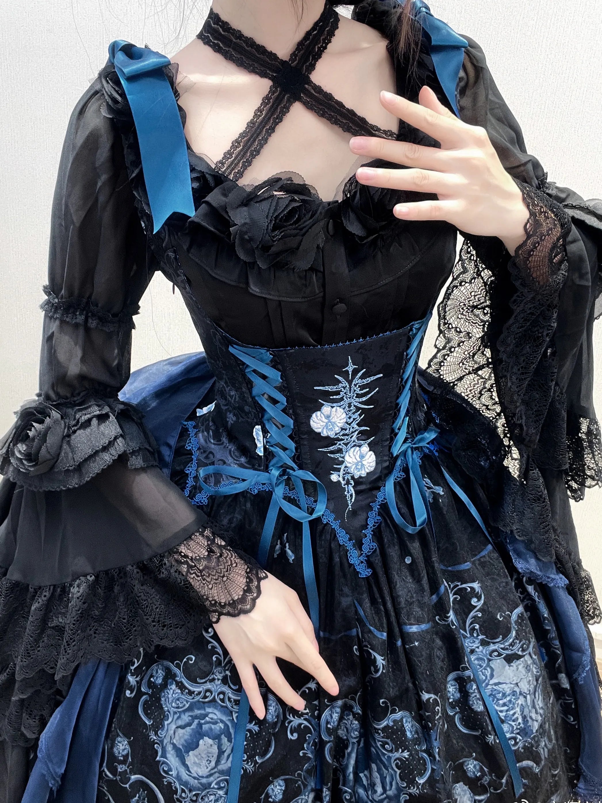 Ling Long Ci Blue Porcelain Butterfly Orchid Print Gothic Lolita Bustier JSK - image 9