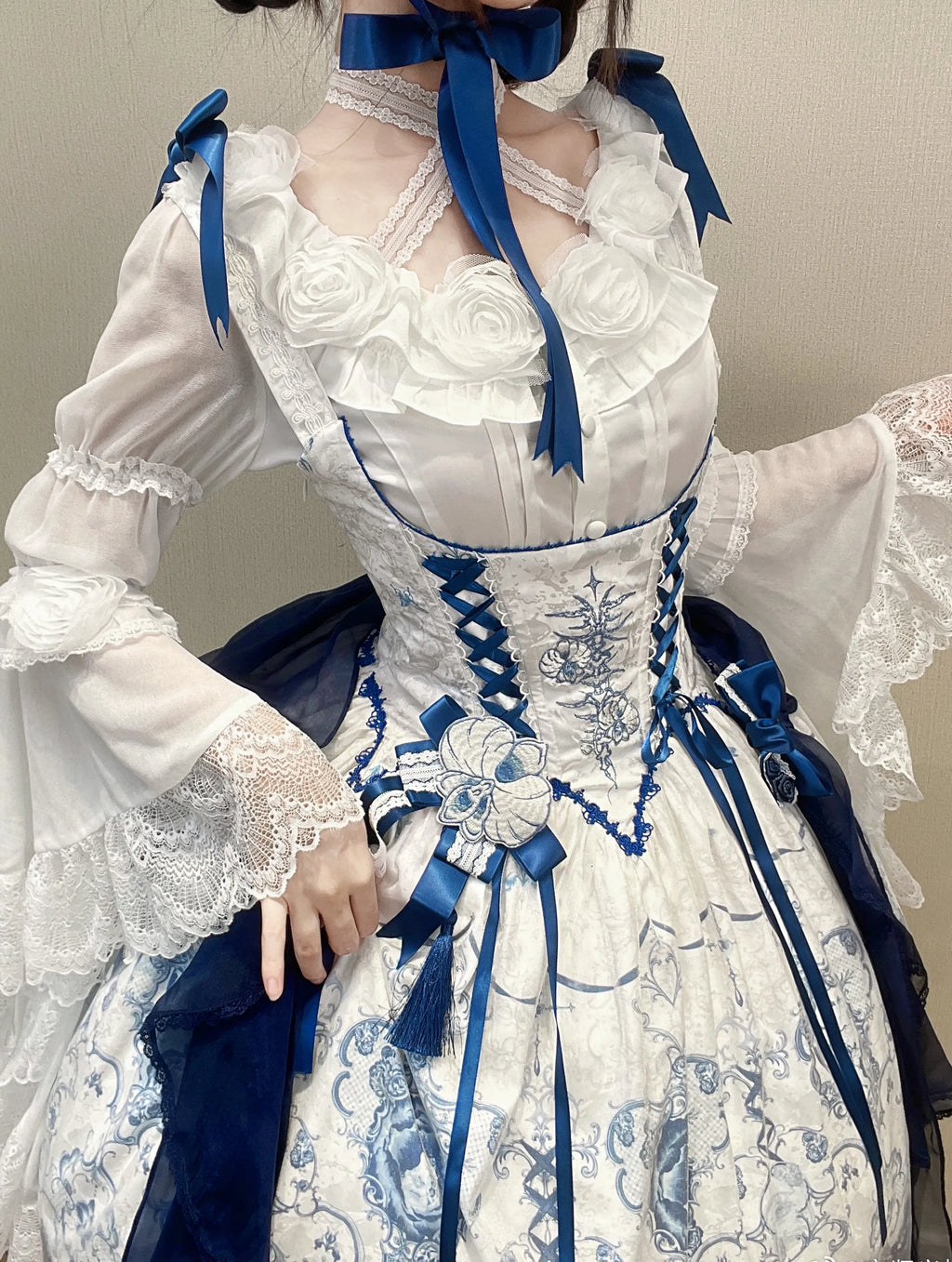 Ling Long Ci Blue Porcelain Butterfly Orchid Print Gothic Lolita Bustier JSK - image 6