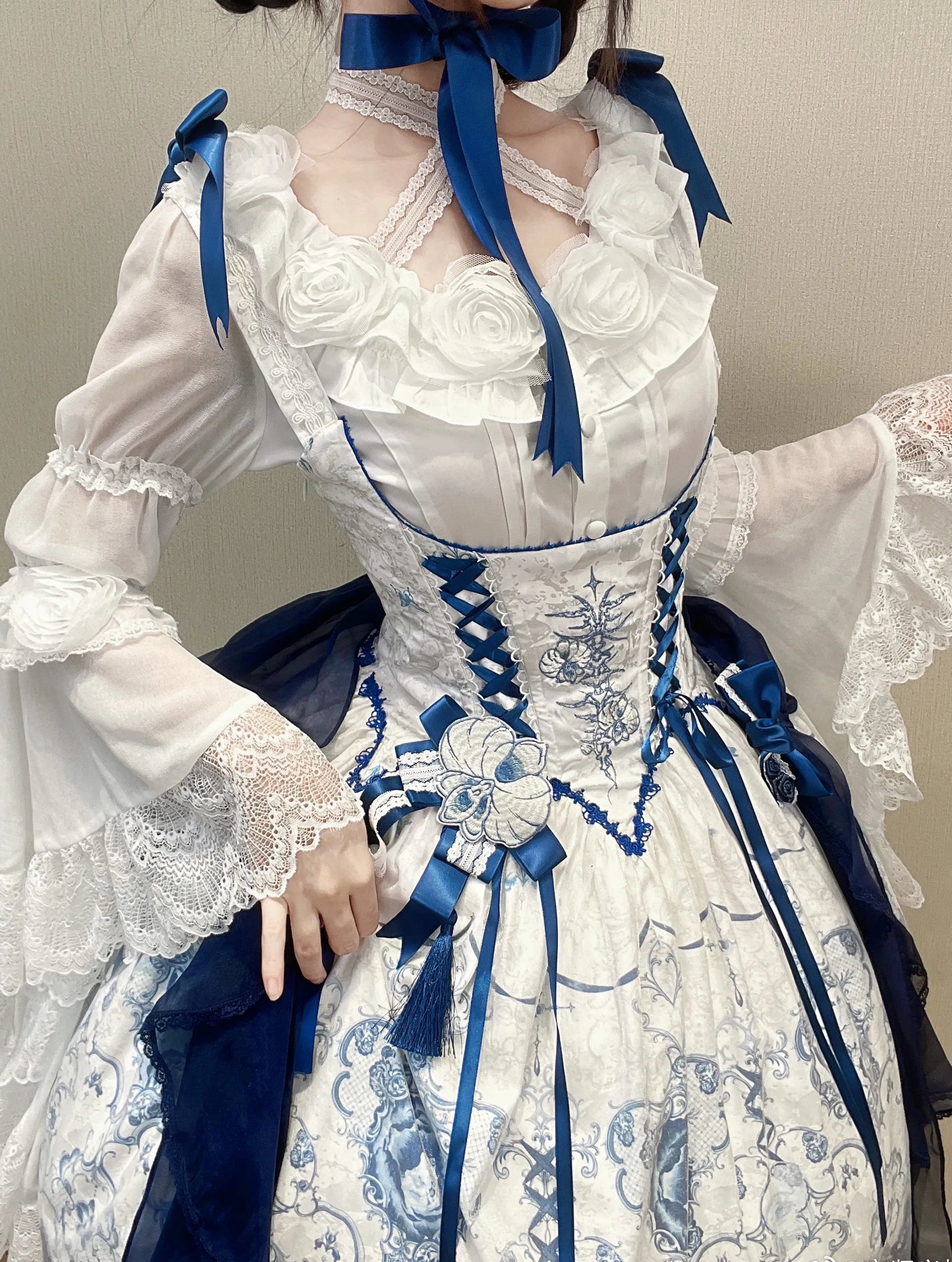 Ling Long Ci Blue Porcelain Butterfly Orchid Print Gothic Lolita Bustier JSK - image 6