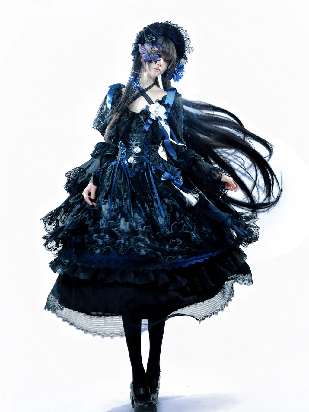 Ling Long Ci Blue Porcelain Butterfly Orchid Print Gothic Lolita Bustier JSK - image 3