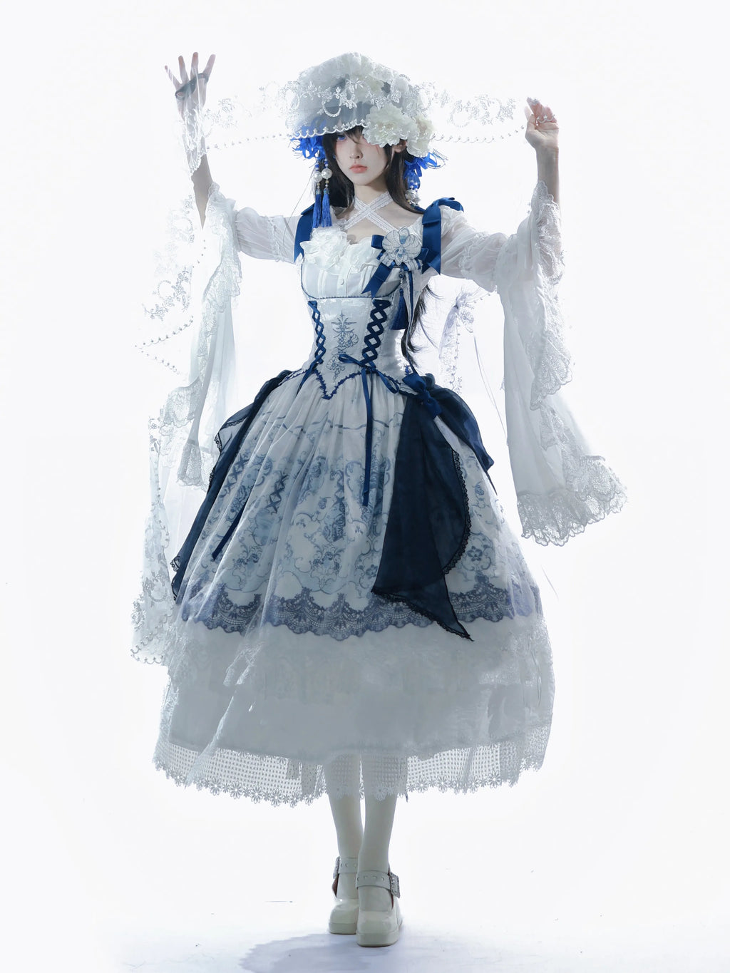 Ling Long Ci Blue Porcelain Butterfly Orchid Print Gothic Lolita Bustier JSK - image 13