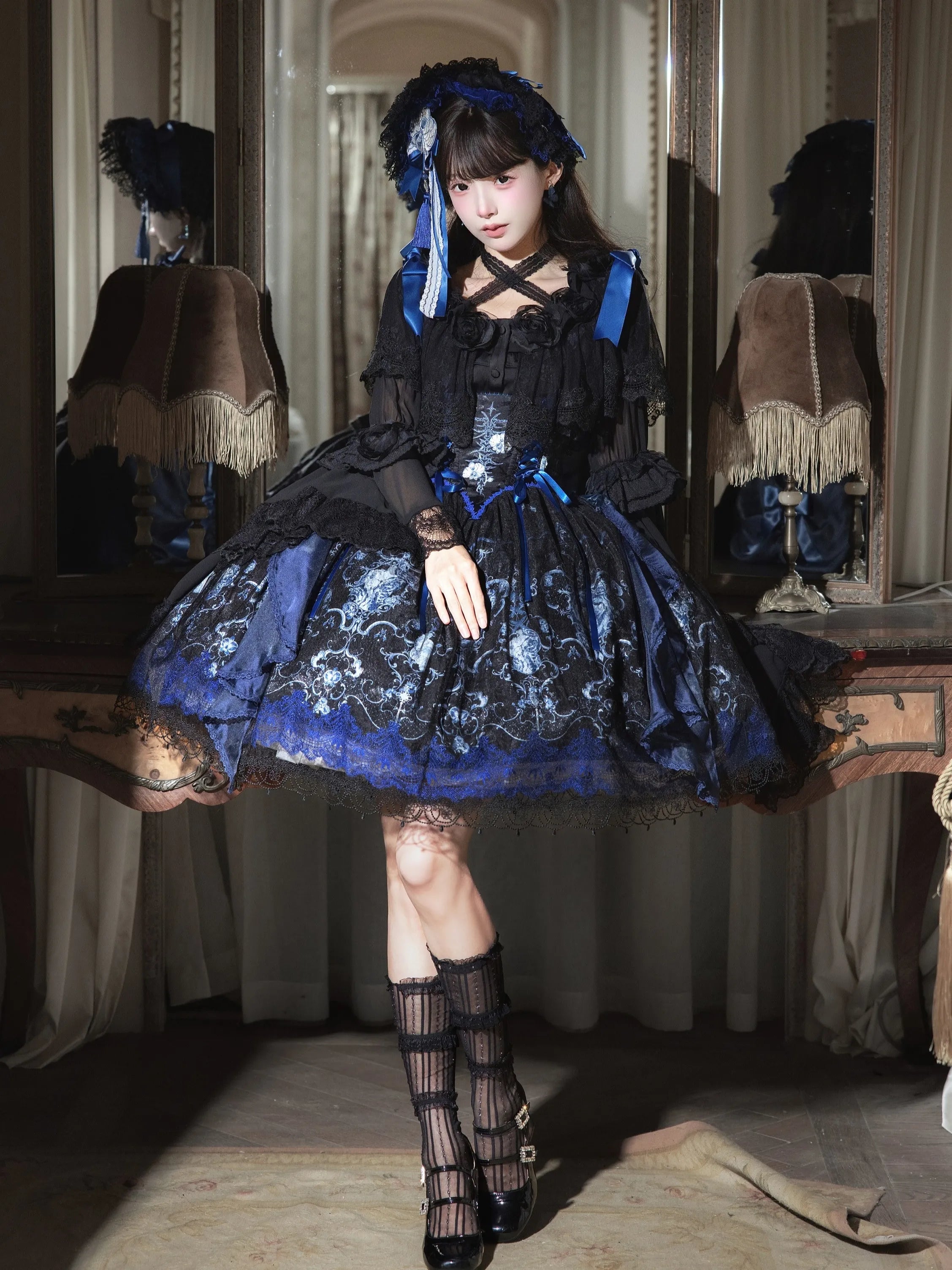 Ling Long Ci Blue Porcelain Butterfly Orchid Print Gothic Lolita Bustier JSK - image 16