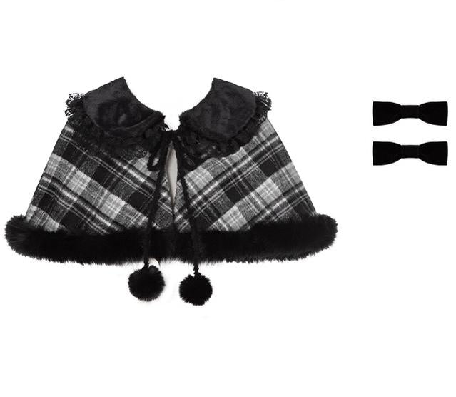 Snow Night Serenade - Fluffy Plaid Kawaii Lolita JSK, Reversible Cape and Accessories - image 41