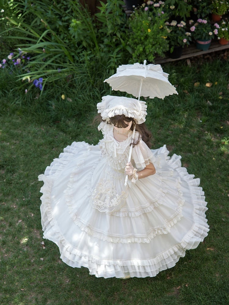 Beige Dots Tulle Flutter-Sleeve Lolita OP Dress with Embroidered Waist Belt - image 3