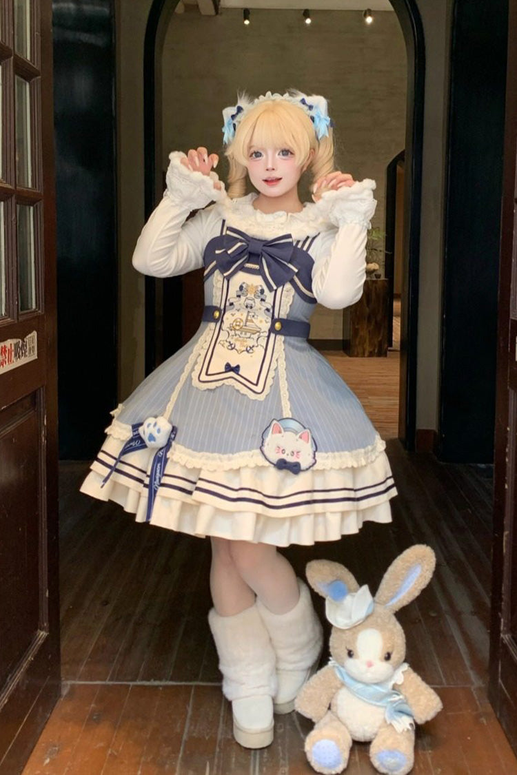 Ride the Wind and Waves - Double-Layered Printed Ruffled Bow Lace Sweet Lolita JSK Dress Set (Coat Included) - image 2