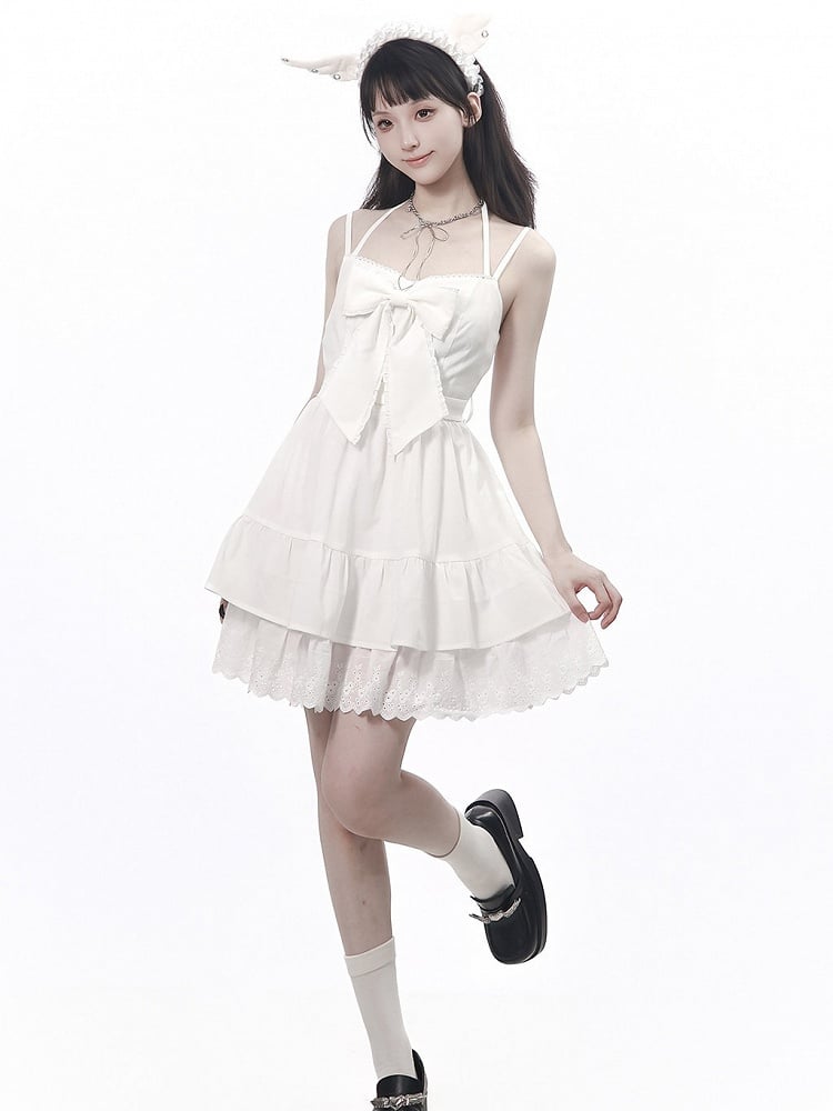 Ivory Halterneck Slip Dress with Lace Accents and Ribbon Knot - PINK SAVIOR - image 3
