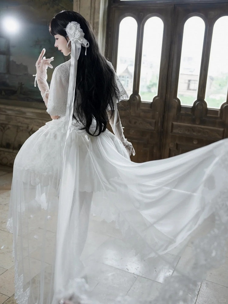 White Hime Lolita Elegant JSK Dress Cape Brooch and High-Low Overlay Set - image 3