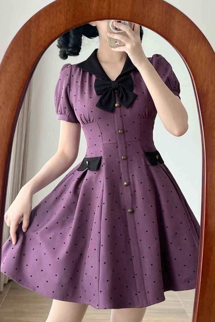 Forest Boulotty - Lapel Collar Short Sleeves Heart-Shaped Polka Dot Printed Bow Sweet Lolita Dress - image 6