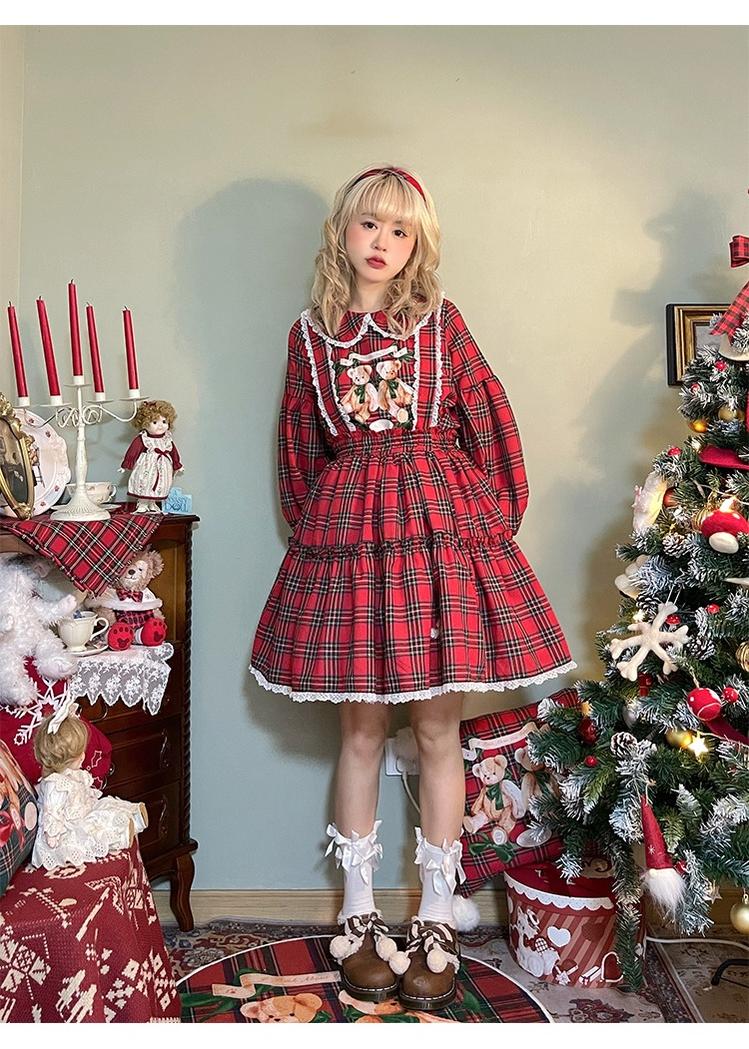 Christmas Vintage Lolita Skirts Doll Collar Blouse Plaid Skirt Set - image 7