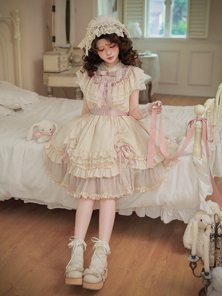 Beige Rosette Jacquard Lolita OP Dress with Layered Ruffles - image 7