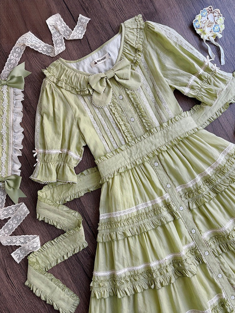 Green Layered-Ruffle Elegant Lolita Dress with Front Button Placket - image 4