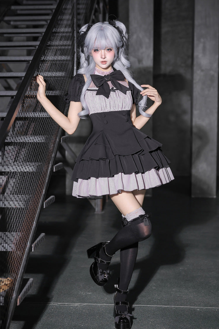Square Collar Off Shoulder Short Sleeves Triple-Layered Bow Vintage Cool Lolita Dress - image 3