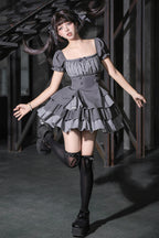 Square Collar Off Shoulder Short Sleeves Triple-Layered Bow Vintage Cool Lolita Dress - image 17