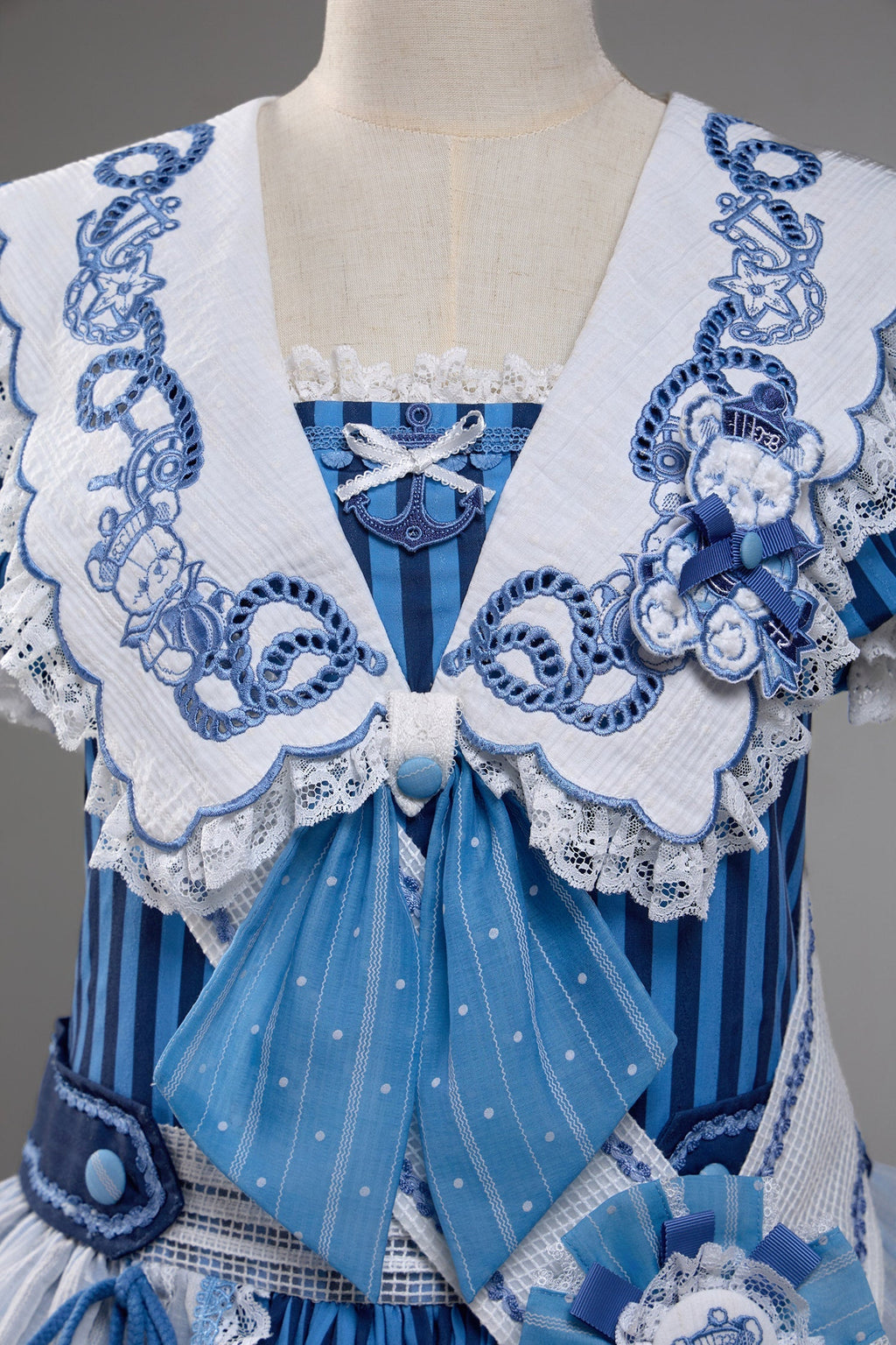 Antique Sailor Bear Blue Stripe Low Waist Lolita OP Dress - image 22