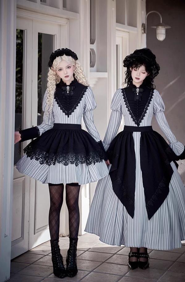 Nocturne SP - Striped Gothic Lolita OP Twin Lolita Dress with Apron and Accessories - image 7