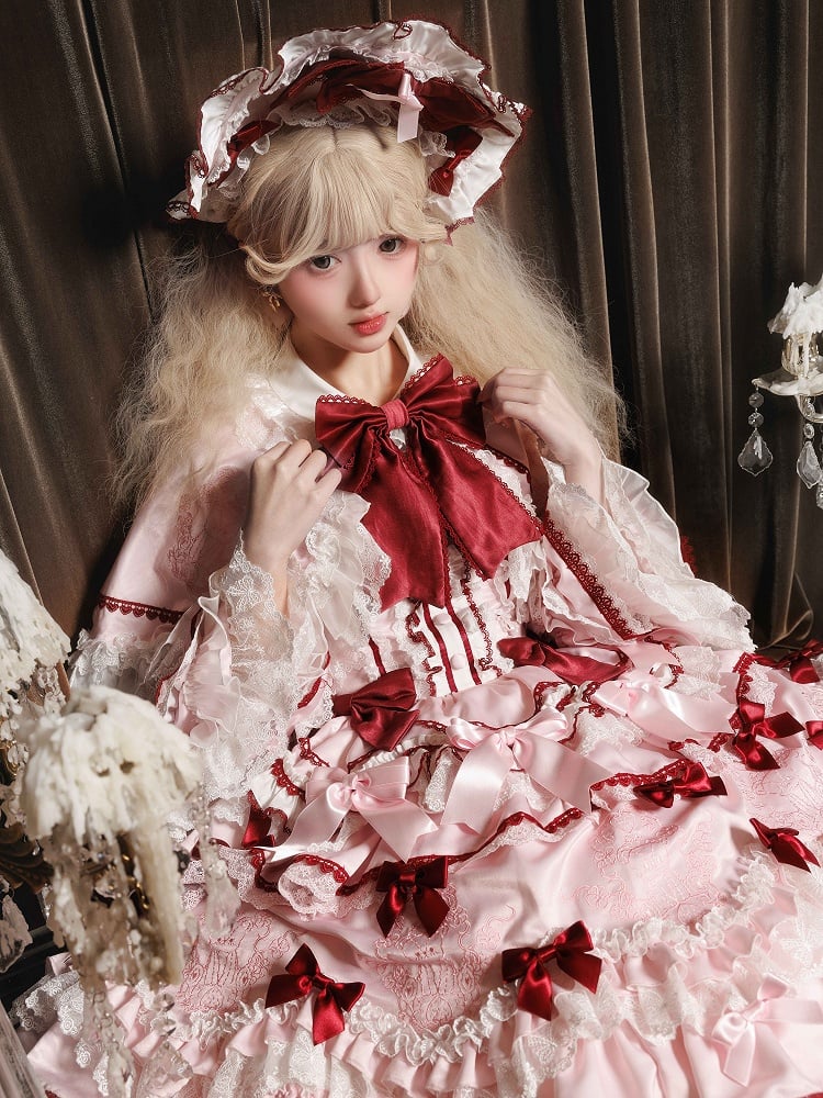 Teddy and Strawberry Embroidery Pink Sweet Lolita OP Dress Full Set - image 5