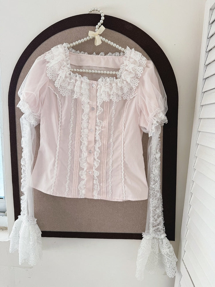 Blush Cotton Doll Shirt with Detachable Lace Puff Sleeves - image 1