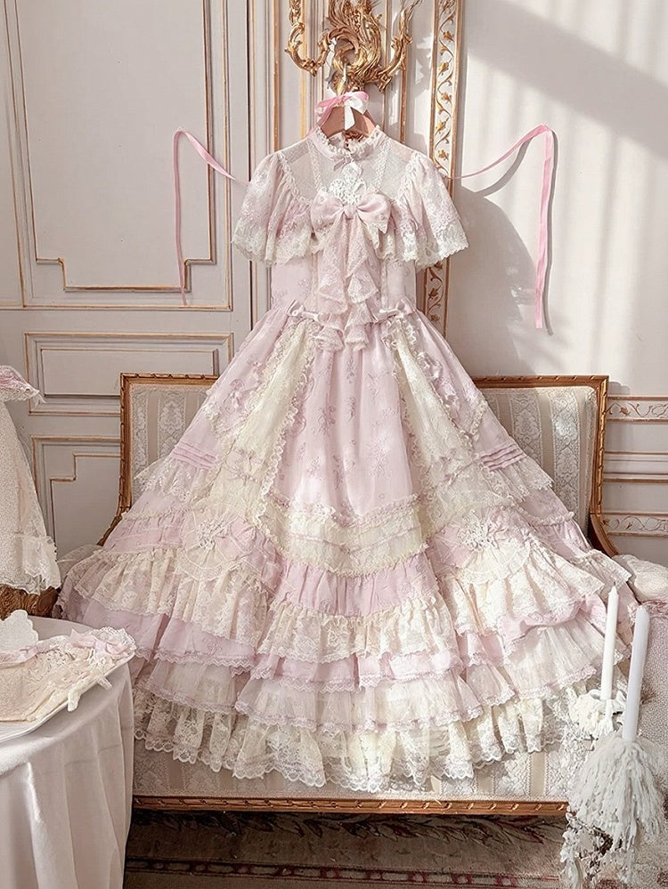 Refined Pink Lace-Trim Floral Embroidered Lolita Dress with Bow Train - Mademoiselle Pearl - image 6