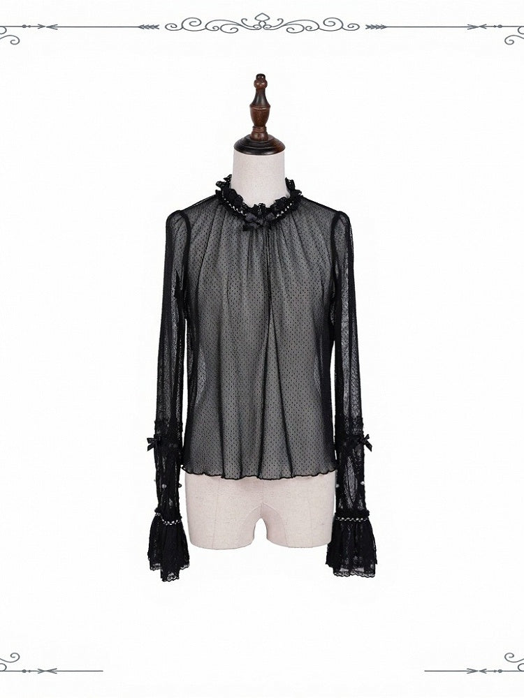 Black Ruffle Cuff Lace Long-Sleeve Shirt - iris de nuit - image 1