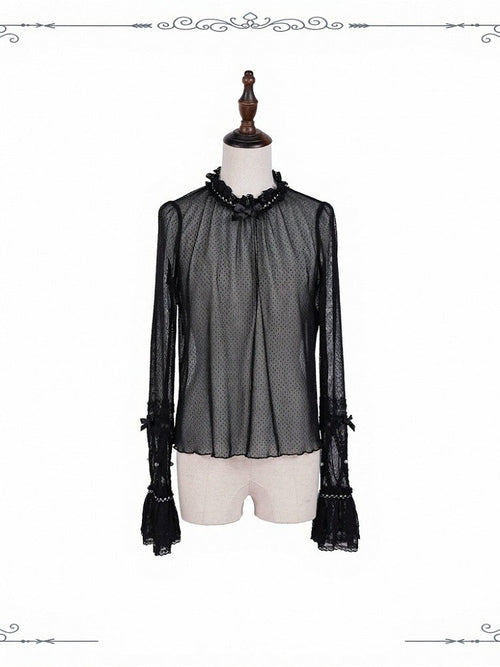 Black Ruffle Cuff Lace Long-Sleeve Shirt - iris de nuit - image 1