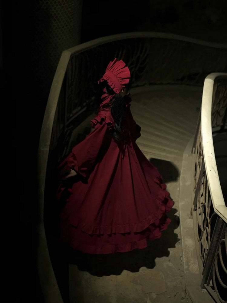 Red Gothic High-Neck Ruffled Lolita Dress with Detachable Sleeves - image 2
