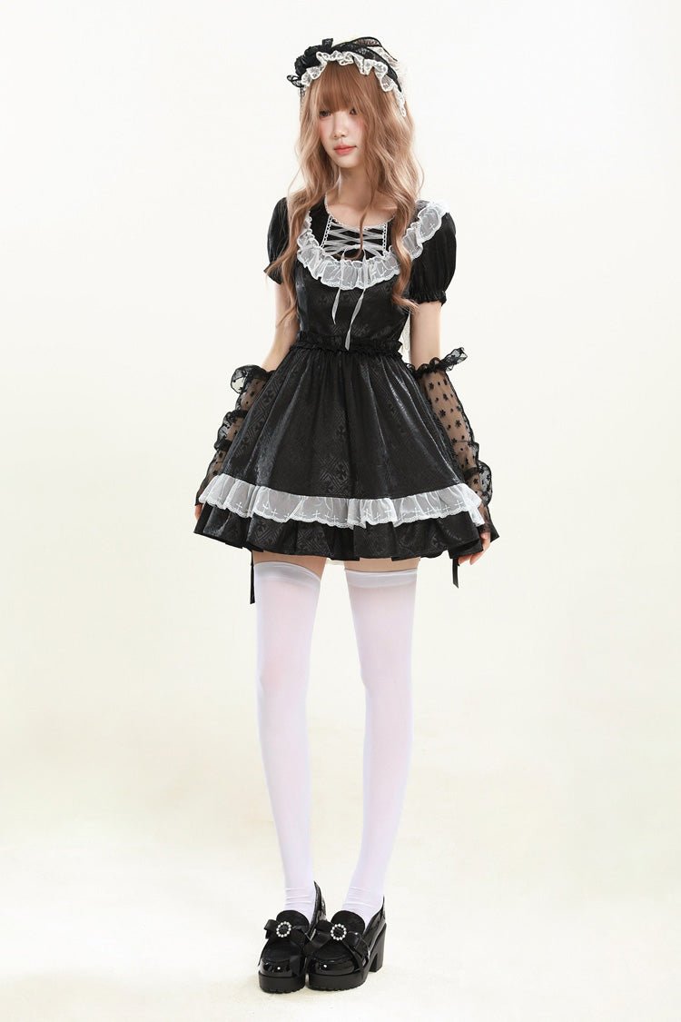 Night Alley Angel - Lapel Collar Short Sleeves Jacquard Ruffled Lace Gothic Lolita Dress - image 7